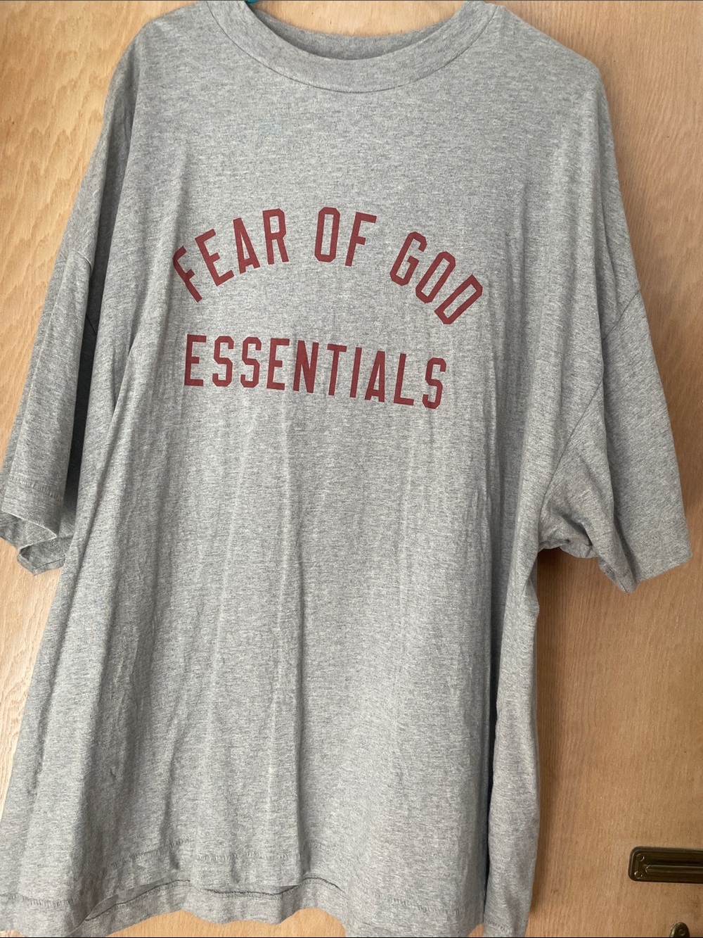 Fear of God Men Grey Tee with Maroon Logo